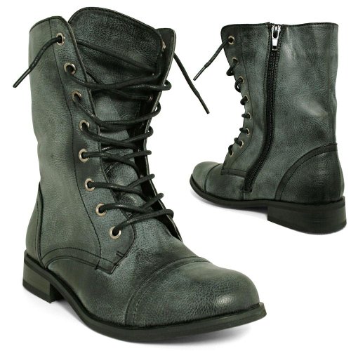 New Womens Military Buckle Flat Lace Up Ankle Boots Sz 3-8