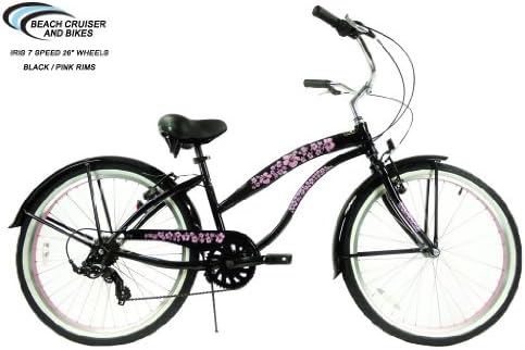 Iris Women's Black with 26" Pink Wheels 7 Speed Shimano Tourney Beach Cruiser Bike