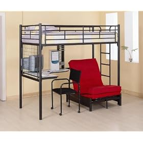 Black Bunkbed Workstation with Desk, Chair, CD Rack and Futon Chair
