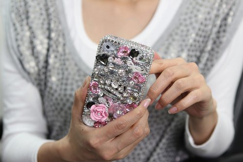BlingAngels® 3D Luxury Bling iphone 5 5s Case Cover Faceplate Swarovski Crystals Diamond Sparkle bedazzled jeweled Design Front & Back Snap-on Hard Case (100% Handcrafted by BlingAngels) (Silver Crown with Pink Flower Design)