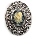 Vintage Floral Crystal Cameo Brooch (Antique Silver Finish)