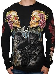 CHRISTIAN AUDIGIER Ed Hardy Mens Skull Eagle Long Sleeve Platinum Thermal Shirt