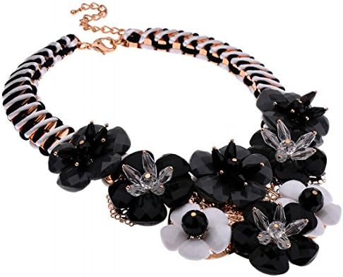 Women Fashion Black Rope Chain Plum Resin Crystal Flower Bib Statement necklace