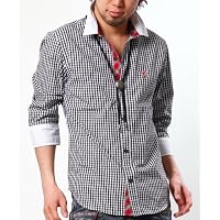 (メンズスタイル) MENZ-STYLE ループタイ付き七分袖クレリックシャツ ギンガムチェック L