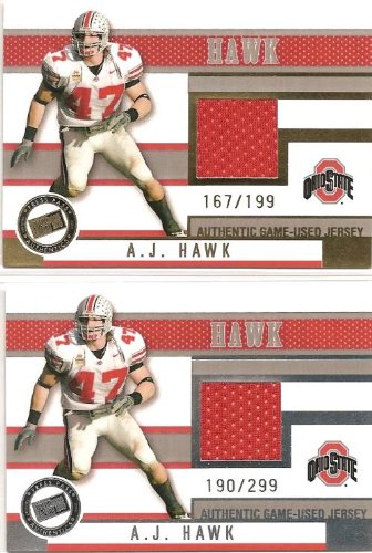 2006 Press Pass Game Used Jerseys Gold JCAH A.J. Hawk Green Bay Packers (Rookie Insert - Piece of Authentic Ohio State Jersey - Serial #'d to 199 - Football Cards)