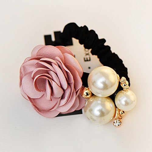 FUMUD 1pc New Fabric Camellia Flower Pearl Design Fashion Ponytail Hair Ties Rhinestone Hair Rubber Band (Pink)