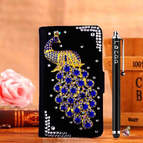 Locaa(TM) Samsung Galaxy Note 2 Note II N7100 Note2 3D Bling Peacock Case + Phone stylus + Anti-dust ear plug Deluxe Luxury Crystal Pearl Diamond Rhinestone eye-catching Beautiful Leather Retro Support bumper Cover Card Holder Wallet Cases [Peacock Series] Black case - Darkblue peacock