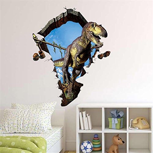 Sucis 3D Running Dinosaur through the breaking wall Unique Removable Mural Wall Stickers Wall Decal for Home Decor