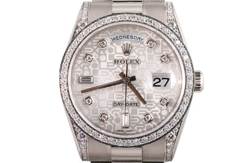 Rolex Mens White Gold President Silver Jubilee Dial Diamond Bezel