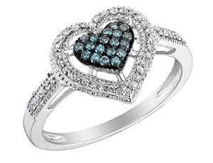 White and Blue Diamond Heart Ring 1/4 Carat (ctw) in 10K White Gold, Size 6