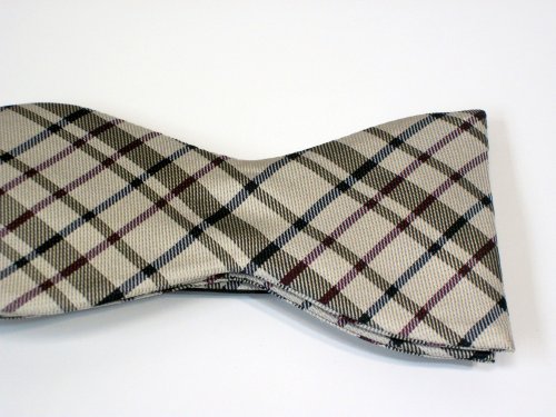 Marlon Garci Cream, Brown and Burgundy Tartan Plaid Bow Tie