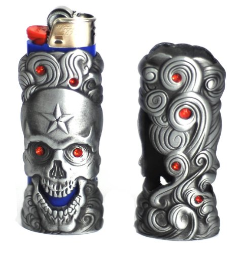 Star Skull Gothic Art Metal BIC LIghter Case Protecter Cover 1pc, and BIC lighter Secret Hidden Stash Togther,