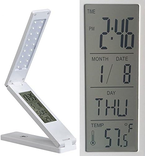 YIGU Portable Folding LED Desk Lamp Eye Protection Reading Light Dorm Room Table Lamp Energy Efficient USB Charging Port with Calendar Alarm Clock