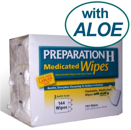 144 Wipes Preparation H Medicated Wipes Refill with Aloe - 3 packs of 48 Wipes