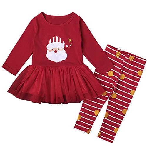 Puseky Baby Girl Christmas Santa Claus Long Sleeve Tutu Dress Shirt+Pants Outfit