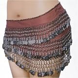 SEXY BELLY DANCER COSTUME HIP SCARF - BROWN WITH SILVER COINS