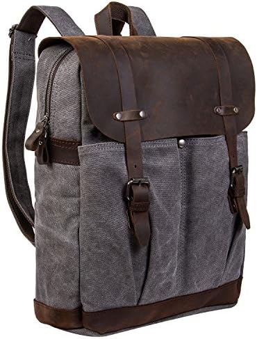 Tmount Retro Canvas Leather School Travel Backpack, Large Capacity Casual Laptop Backpack-Gray