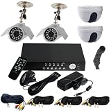 VideoSecu 4 Channel Audio Video H.264 Network DVR Stand Alone Real Time Digital Video Recorder Security Surveillance Camera System with 1000GB/1TB 3.5 SATA Hard Drive, 2 Night Vision IR Color Bullet 6mm Lens CCD Outdoor Security Cameras, 2 Mini-Dome 3.6mm Lens Hi-Res CCD Surveillance CCTV Camera, 3 Pack 100 Feet Camera Cable, 1 Pack 150 Feet Audio Video Camera Cable, 1 Pre-Amp Mini Hidden Microphone, One 4 Channel Power Supply for Cameras 1VI
