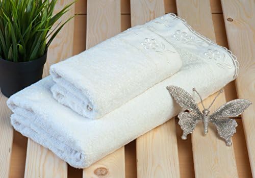 Orion Luxury Home Design 2-Pieces Bath &amp; Hand towel set with handmade various laces, 100% Genuine Turkish Cotton, Ivory.
