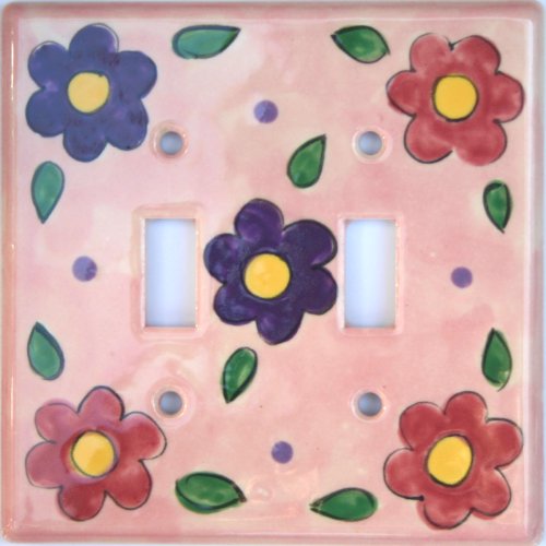 Ceramic Double Switch Plate Pink Flower
