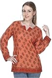 Coral Long Sleeved Hand Printed Silk Cotton Tunic With Sequins (Petite, Tall & Misses Sizes XS-3X)