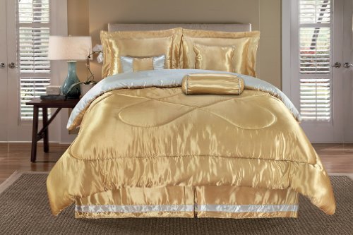 Queen Size Bedding-7 Pieces Super Soft Solid Gold and Sliver Reversible Fine Satin Comforter Set Bed-in-a-bag