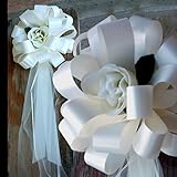 Ivory Wedding Pull Bows with Tulle Tails and Roses - 8" Wide, Set of 6