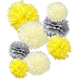 WYZworks Set of 8 (Assorted Honey Yellow/Ivory/Grey Color Pack) 8" 12" 14" Tissue Pom Poms Flower Party Decorations for Weddings, Birthday, Bridal, Baby Showers Nursery D&eacute;cor