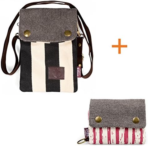 Katloo Mini Canvas Stripe Bag with Shoulder Strap + Small Canvas Wallet with Coin Pouch/Finger Ring (Black+Red)