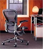 Herman Miller Aeron Home Office Chair Loaded - Polished Aluminum Frame - Leather Arms - PostureFit - Classic Carbon Pellicle - Medium Size B