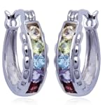 Rhodium Plated Sterling Silver Multi-Gemstone Hoop Earrings
