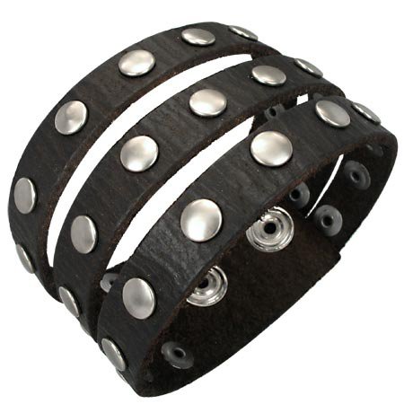 Quality Black Leather Bracelet, Silver Studs, Triple Strand: Looks Like 3 Leather Bracelets