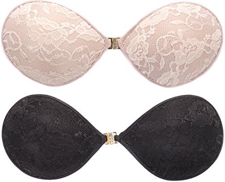 Decently Women's 2 Pack Glam Strapless Lace Silicone Adhesive Push-Up Bra Nude and Black C