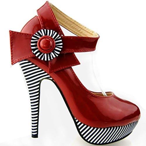 Qingrengu Women's Red Flower Ankle Strap Stiletto Platform High Heels Leather Shoes 10 M US