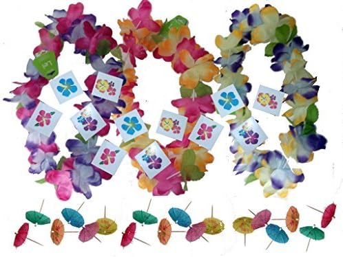 Luau Party Supplies for 24 - 24 Mahalo Leis, 36 Hibiscus Glitter Tattoos and 144 Paper Cocktail Umbrellas (Bundle of 3 Items) Total 204 pieces
