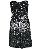 Strapless Knit Dress Black with White Flower Print, Bra Cups and Twisted Front