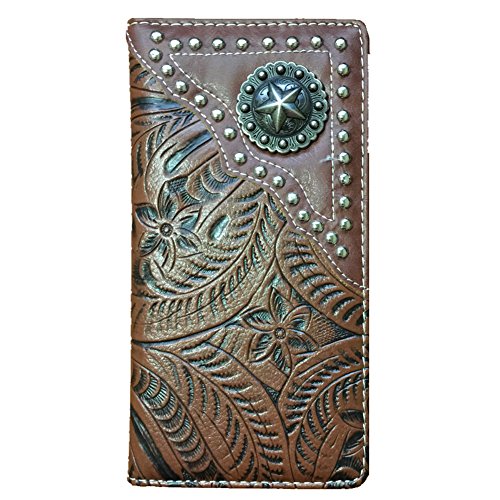 2015 Lone Star Men's Collection Concho Tooled Leather Bifold Wallet, Extra Checkbook. Coffee