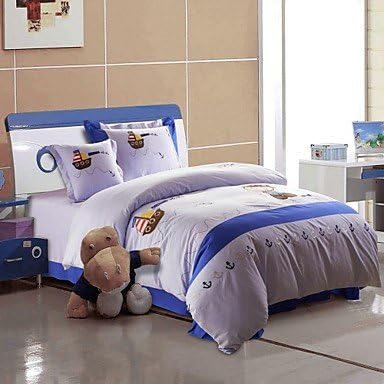 naluo 100% Cotton with Embroidery Duvet Cover Set 4 Pieces Happy Sailor Pattern Cartoon Style for Kids