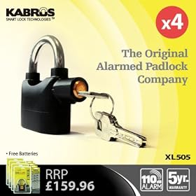 4 x Kabrus Alarmed Padlock for Security with 110db Siren Alarm / Bike, Home Security, Garden Sheds, Motorcycles, Dog Cages, Gates, Garages, Caravans, Equestrian, Boating, Vehicles, Multi-purpose Smart Lock / 1 Year Warranty