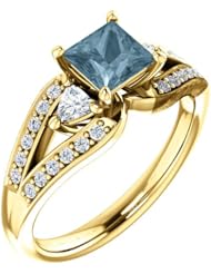 18K Yellow Gold Princess Cut Blue and White Diamond Ring -- LIFETIME WARRANTY