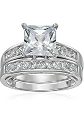 Platinum Plated Sterling Silver Cubic Zirconia Princess Solitaire Ring with Princess-Cut Side Stones and Princess-Cut Bridal Set Wedding Band