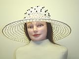 IMAGE OF Ht1002, Hand Crocheted White Color Gimp Wide Brim Wire Rim Hat with Black Beads on Crown for Women and Teens