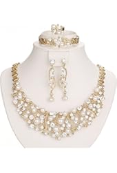 Gold Plated Luxury Crystal and Simulated-Pearl Beads Necklaces Jewelry Set 5 Pieces