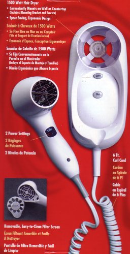 Sunbeam/Oster 1500 watt wall mounted hair dryer.