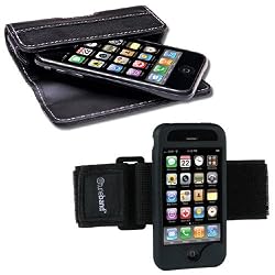 QuickFlipCase and Tuneband for iPhone 3G and new iPhone 3GS, Grantwood Technology's Premium Leather Horizontal Flip Case and Armband, Silicon Skin and Screen Protector (Black Skin)