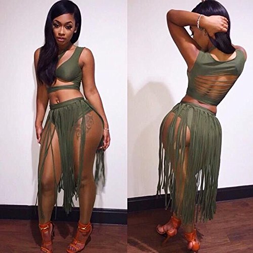 Womens Sexy 2 Pieces Outfits Backless Wrapped Crop Top Tasseles Skirt Club Dress