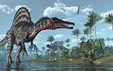 Prehistoric Scene with Spinosaurus and Psittacosaurus Dinosaurs - 18W x 11H - Peel and Stick Wall Decal by Wallmonkeys