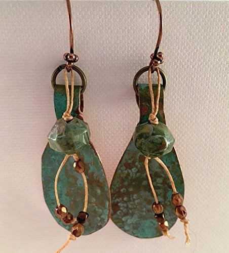 Hammered Copper Patina Green Earrings with Waxed Linen and Rhyolite Dangles, Copper Earwires