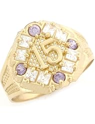 14k Yellow Gold Sapphire Blue CZ Quinceanera 15 Anos Birthstone Ring