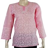 Womens Cotton Long Sleeve Pink Top Shirt Blouse Chikan Embroidery Size M